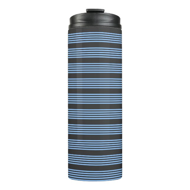 Blue and charcoal five stripe pattern thermal tumbler (Front)