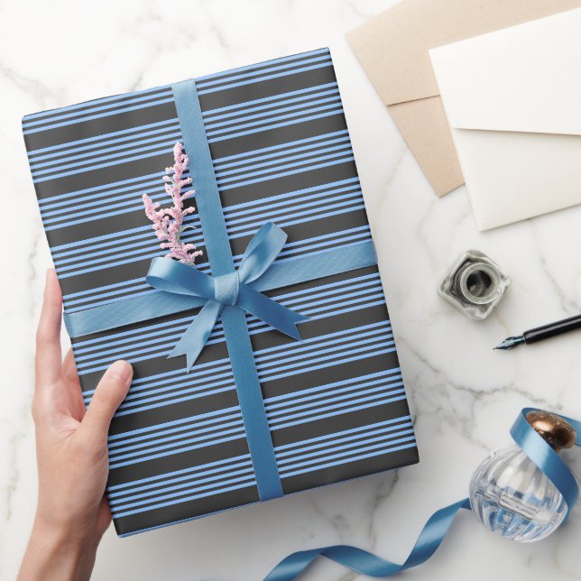 Blue and charcoal five stripe pattern wrapping paper (Gifting)