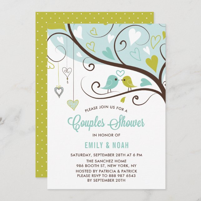 Blue and Chartreuse Love Birds Couples Shower Invitation (Front/Back)