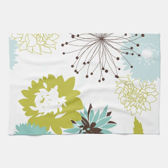 Blue and Chartreuse Modern Floral Pattern Tea Towel (Horizontal)