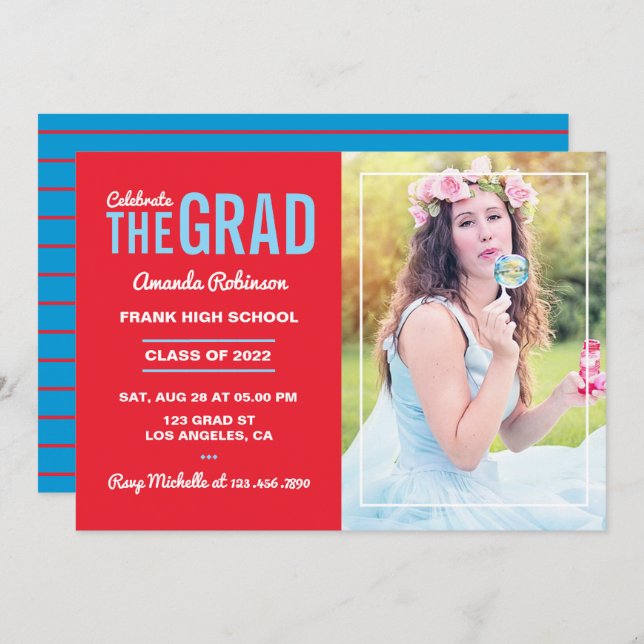 Blue and Cherry Red Graduation Party Photo Invitation (Front/Back)