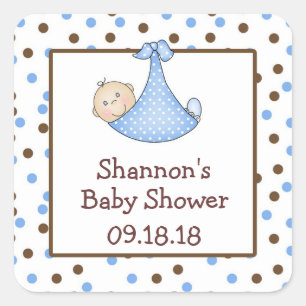Blue and Chocolate Brown Baby Shower Favour Square Sticker