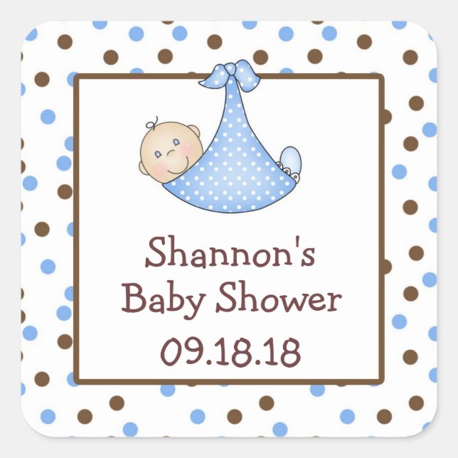 Blue and Chocolate Brown Baby Shower Favour Square Sticker (Front)