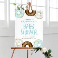 Blue and Chocolate Doughnuts Baby Shower Welcome