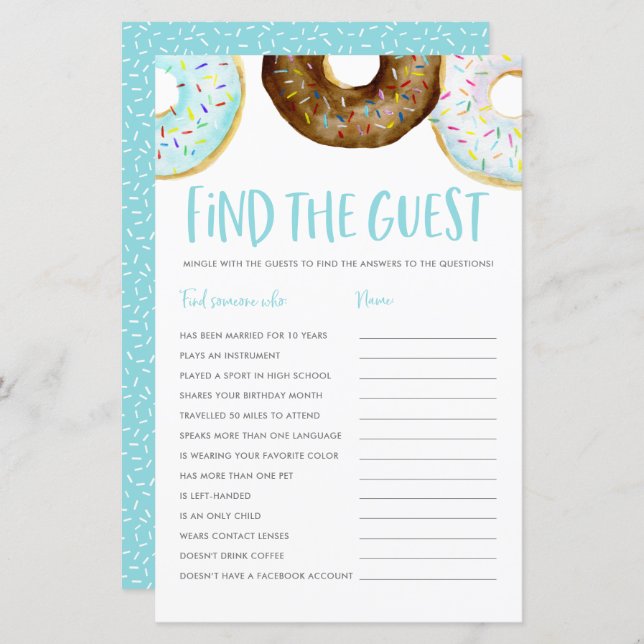 Blue and Chocolate Doughnuts Find the Guest Game (Front/Back)