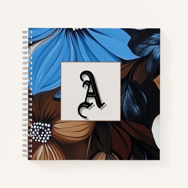 Blue and Chocolate Floral - Personalised Monogram Notebook (Front)