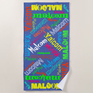 Blue and Colourful Repeating Name Collage Beach Towel