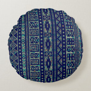 Blue And Colourful Tribal Geometric Pattern Round Cushion