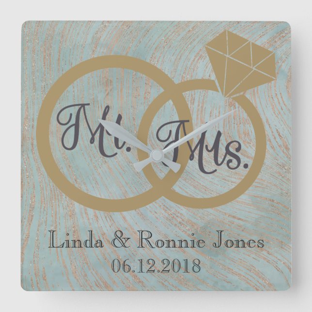Blue and Copper Mr and Mrs Wedding Square Wall Clock (Front)