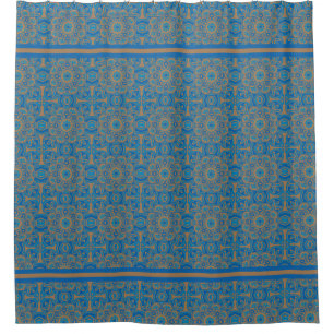  Blue and Copper Tribal Shower Curtain