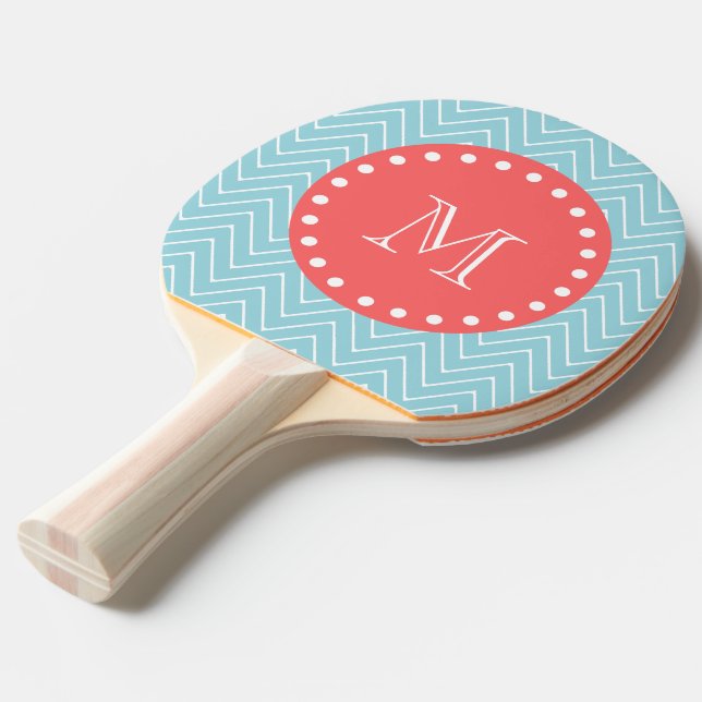 Blue and Coral Chevron with Custom Monogram Ping Pong Paddle (Front Angle)