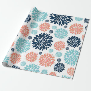 Blue and Coral Floral Wrapping Paper