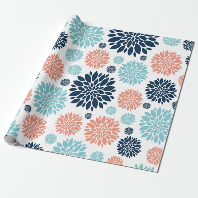 Blue and Coral Floral Wrapping Paper (Unrolled)