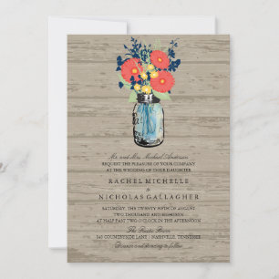 Blue and Coral Garden Mason Jar Wood   Wedding Invitation