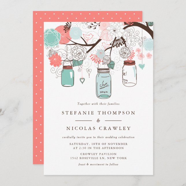 Blue and Coral Hanging Mason Jars Wedding Invitation (Front/Back)
