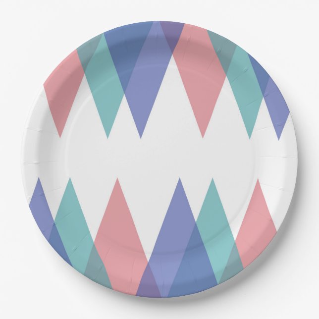 Blue and coral triangles paper plate (Front)