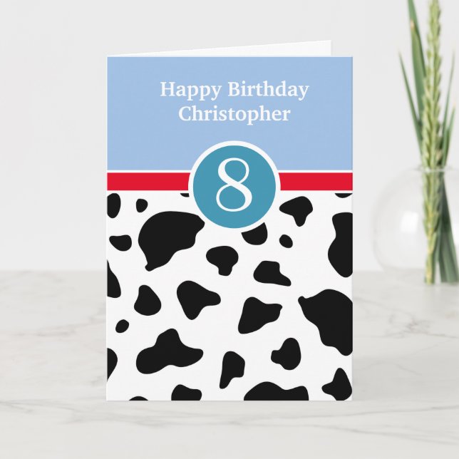 Blue and Cow Print 8th Birthday Card (Front)