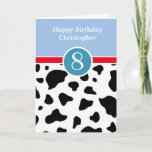Blue and Cow Print 8th Birthday Card<br><div class="desc">A black and white cow pattern and blue personalised 8th birthday card for boys. This fun blue and cow print 8th birthday card can be personalised with his name on the front of the greeting card. The inside card message can be personalised as well if wanted. The back has a...</div>