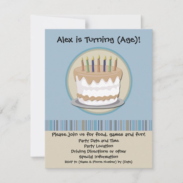 Blue and Cream Cake Birthday Party Invitation (Front)