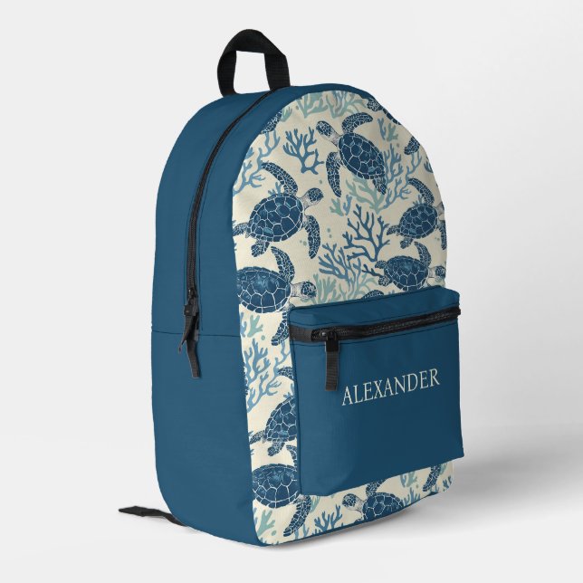 Blue and Cream Coastal Sea Turtles Printed Backpack (Back Corner Left)