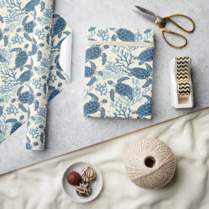 Blue and Cream Coastal Sea Turtles Wrapping Paper