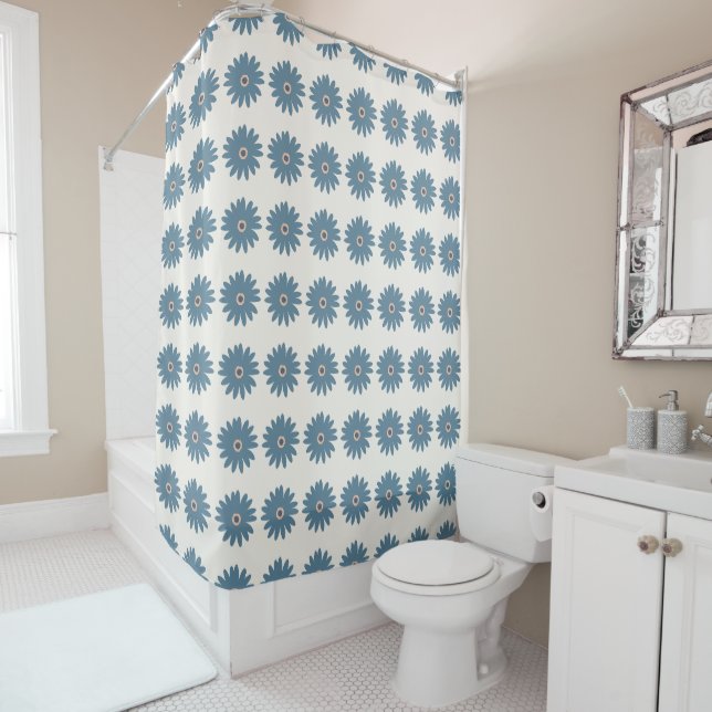 Blue And Cream Daisy Shower Curtain (In Situ)