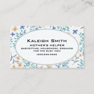 Blue and Cream Floral on White Mother's Helper Calling Card