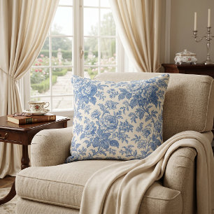Blue and Cream Floral Toile de Jouy Cushion
