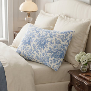 Blue and Cream Floral Toile de Jouy Pillowcase