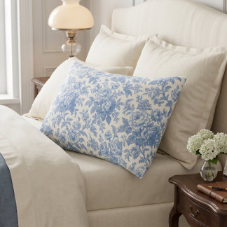 Blue and Cream Floral Toile de Jouy Pillowcase