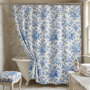Blue and Cream Floral Toile de Jouy Shower Curtain
