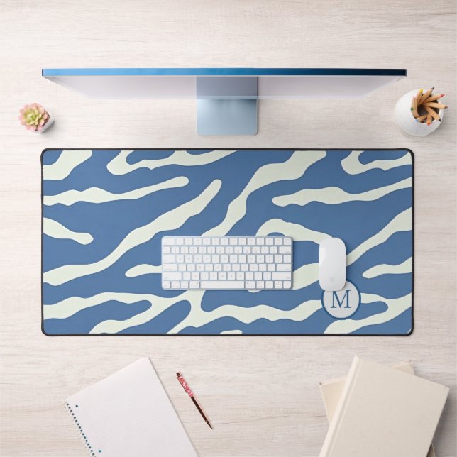 Blue and cream Modern Abstract Wavy Lines Pattern  Desk Mat (Office 1)