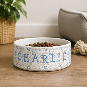 Blue and Cream Neutral Tone Name Ceramic Pet Bowl