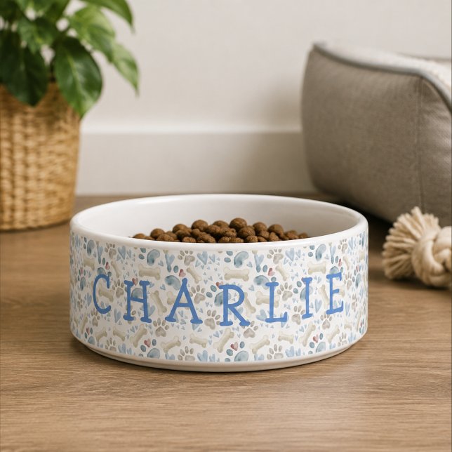 Blue and Cream Neutral Tone Name Ceramic Pet Bowl (Creator Uploaded)
