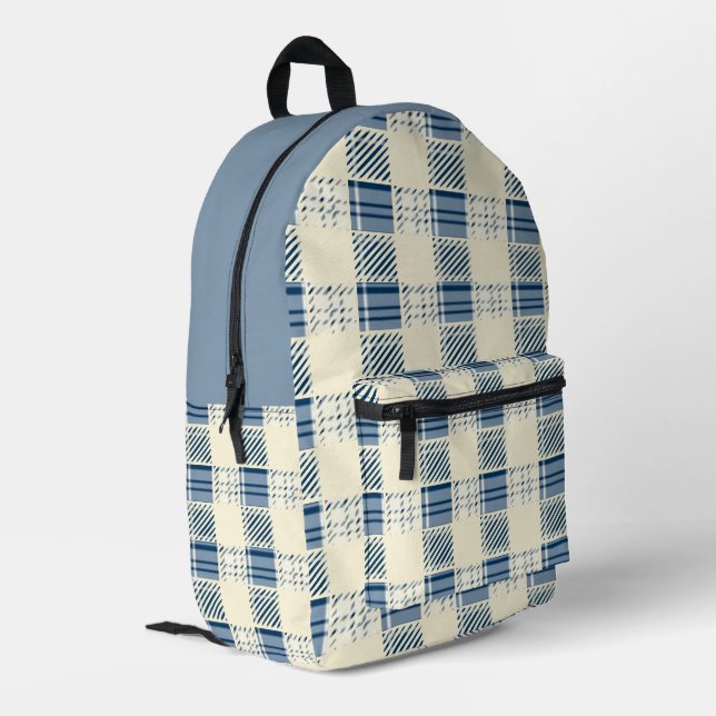 Blue and Cream Plaid Printed Backpack (Back Corner Left)
