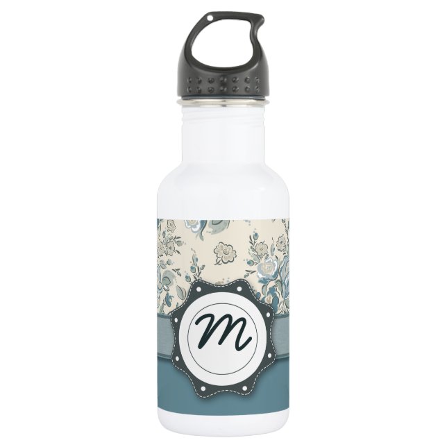 Blue and Cream Roses with Monogram 532 Ml Water Bottle (Front)