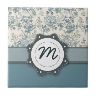 Blue and Cream Roses with Monogram Tile