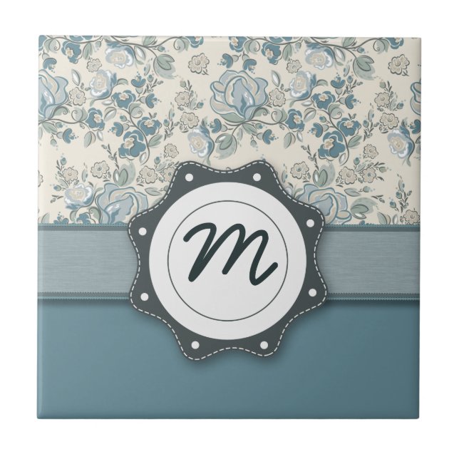 Blue and Cream Roses with Monogram Tile (Front)