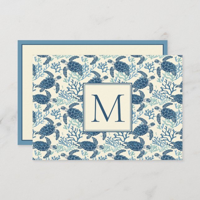 Blue and Cream Sea Turtle Monogram Card (Front/Back)