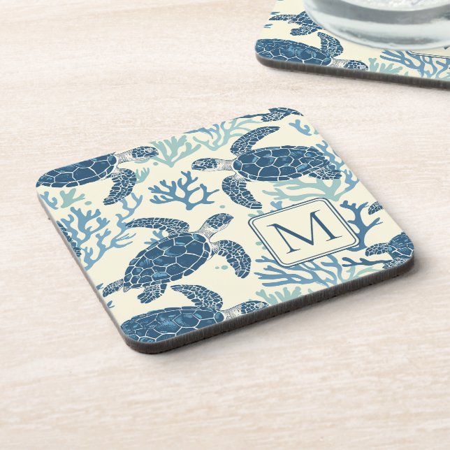 Blue and Cream Sea Turtles Monogram Coaster (Left Side)