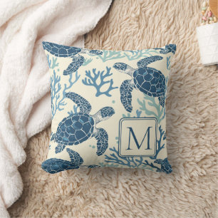 Blue and Cream Sea Turtles Monogram Cushion