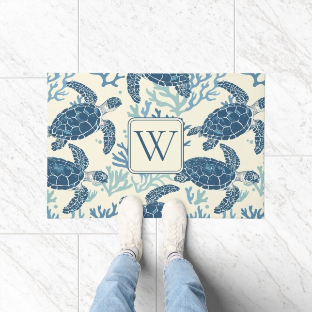 Blue and Cream Sea Turtles Monogram Doormat (Indoor)