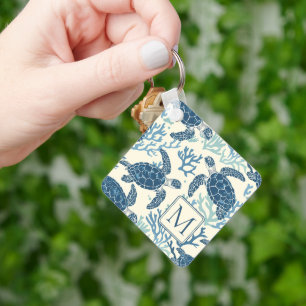 Blue and Cream Sea Turtles Monogram Key Ring