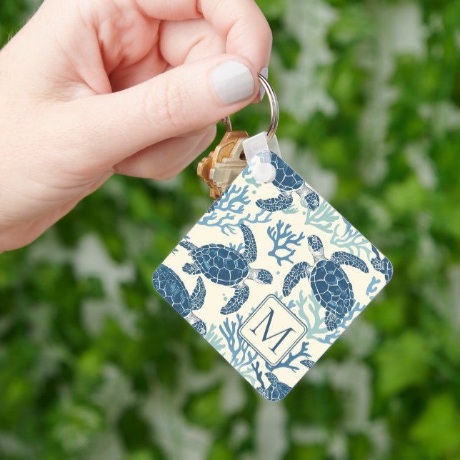 Blue and Cream Sea Turtles Monogram Key Ring (Hand)