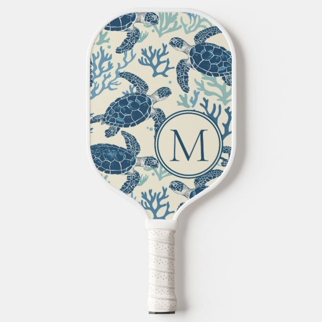 Blue and Cream Sea Turtles Monogram Pickleball Paddle (Front)