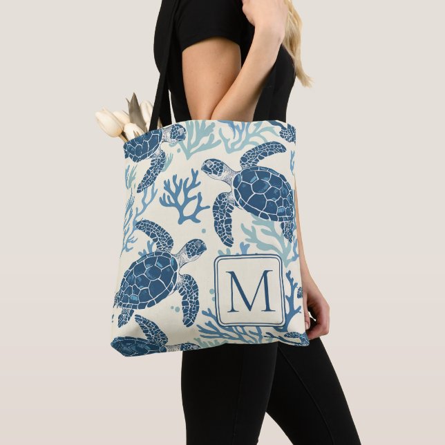Blue and Cream Sea Turtles Monogram Tote Bag (Close Up)
