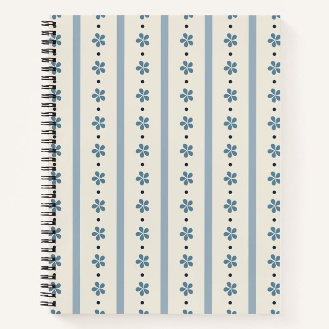 Blue And Cream Stripes And Flowers Notebook (Front)