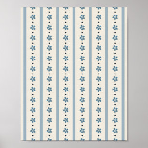 Blue And Cream Stripes And Flowers Poster
