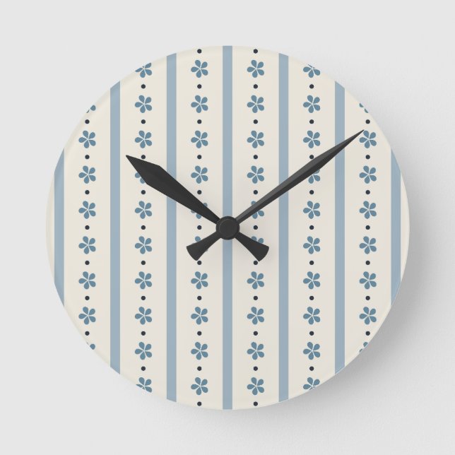 Blue And Cream Stripes And Flowers Round Clock (Front)