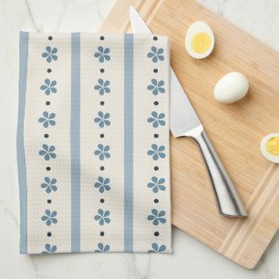 Blue And Cream Stripes And Flowers Tea Towel